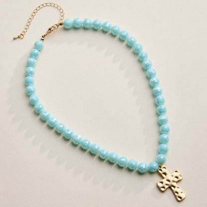 Glass Bead Hammered Cross Charm Necklace | Christian Jewelry