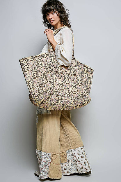 Ribbon-Tie Quilted Floral Jumbo Tote Bag