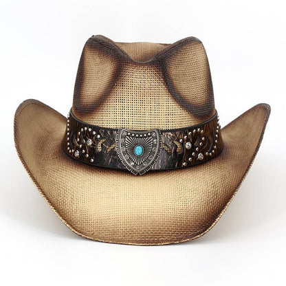 Vintage Straw CowboyHat With Turquoise Shield &Sunburst Band