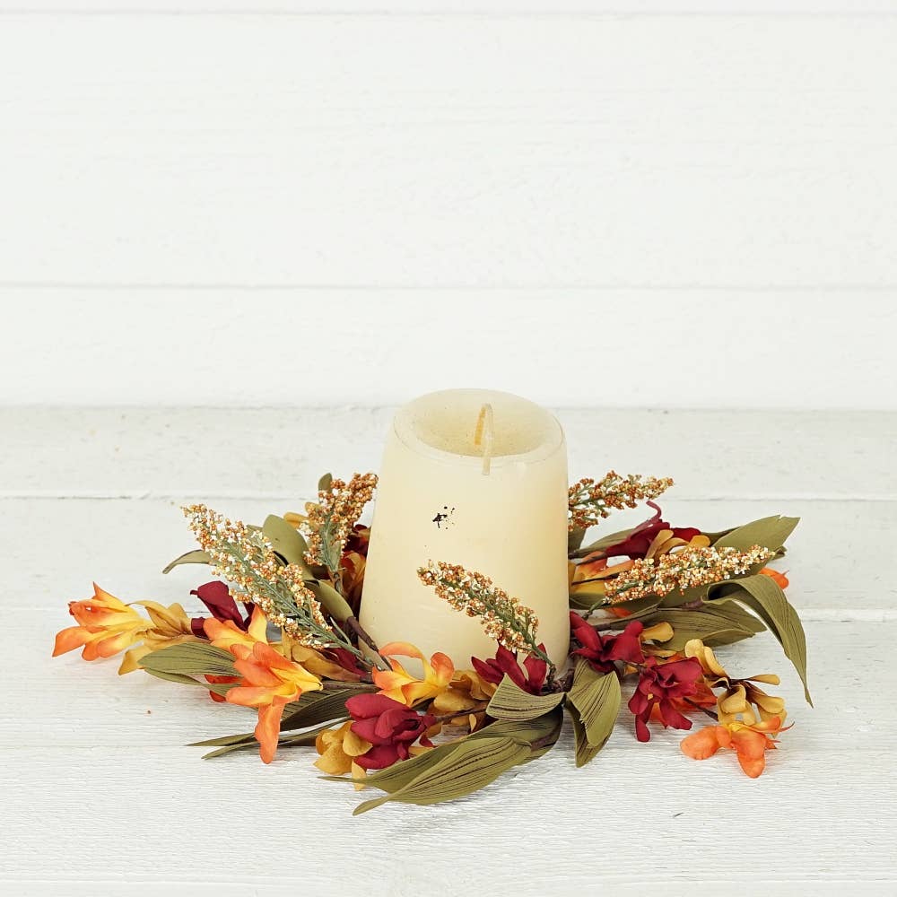 31633-3.5in Candle Ring-Orange Burgundy wild flower w/ heather