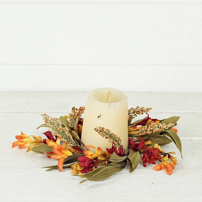 31633-3.5in Candle Ring-Orange Burgundy wild flower w/ heather