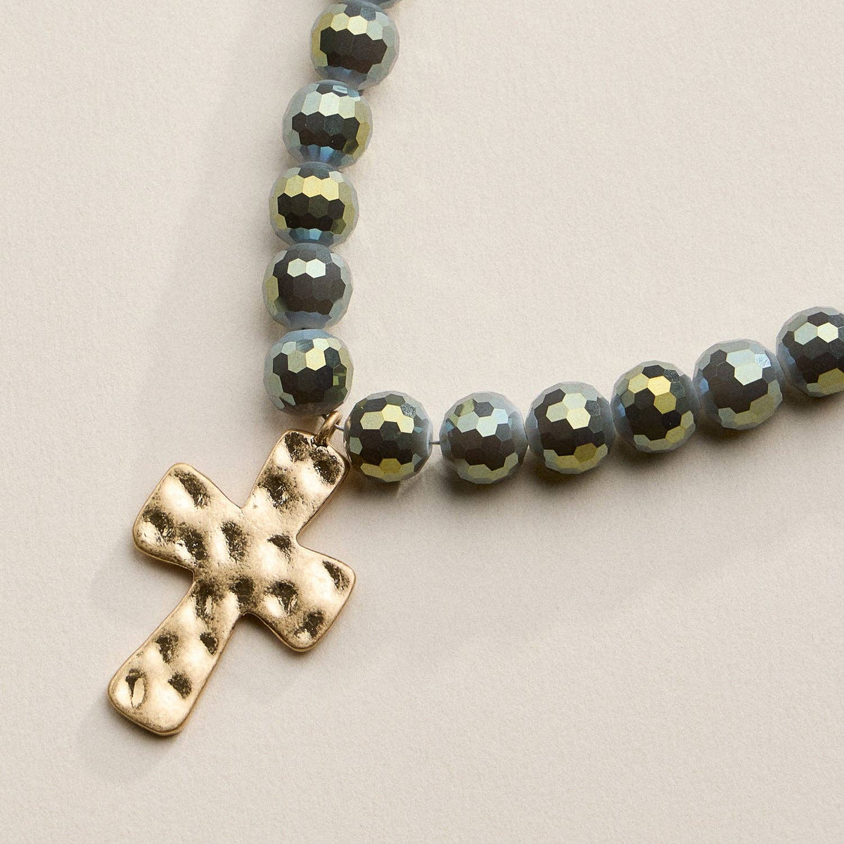 Glass Bead Hammered Cross Charm Necklace | Christian Jewelry