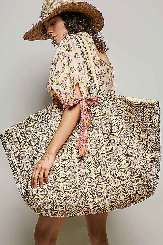Ribbon-Tie Quilted Floral Jumbo Tote Bag