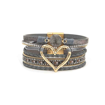 Boho Layered Heart Charm Rhinestone Magnetic Bracelet