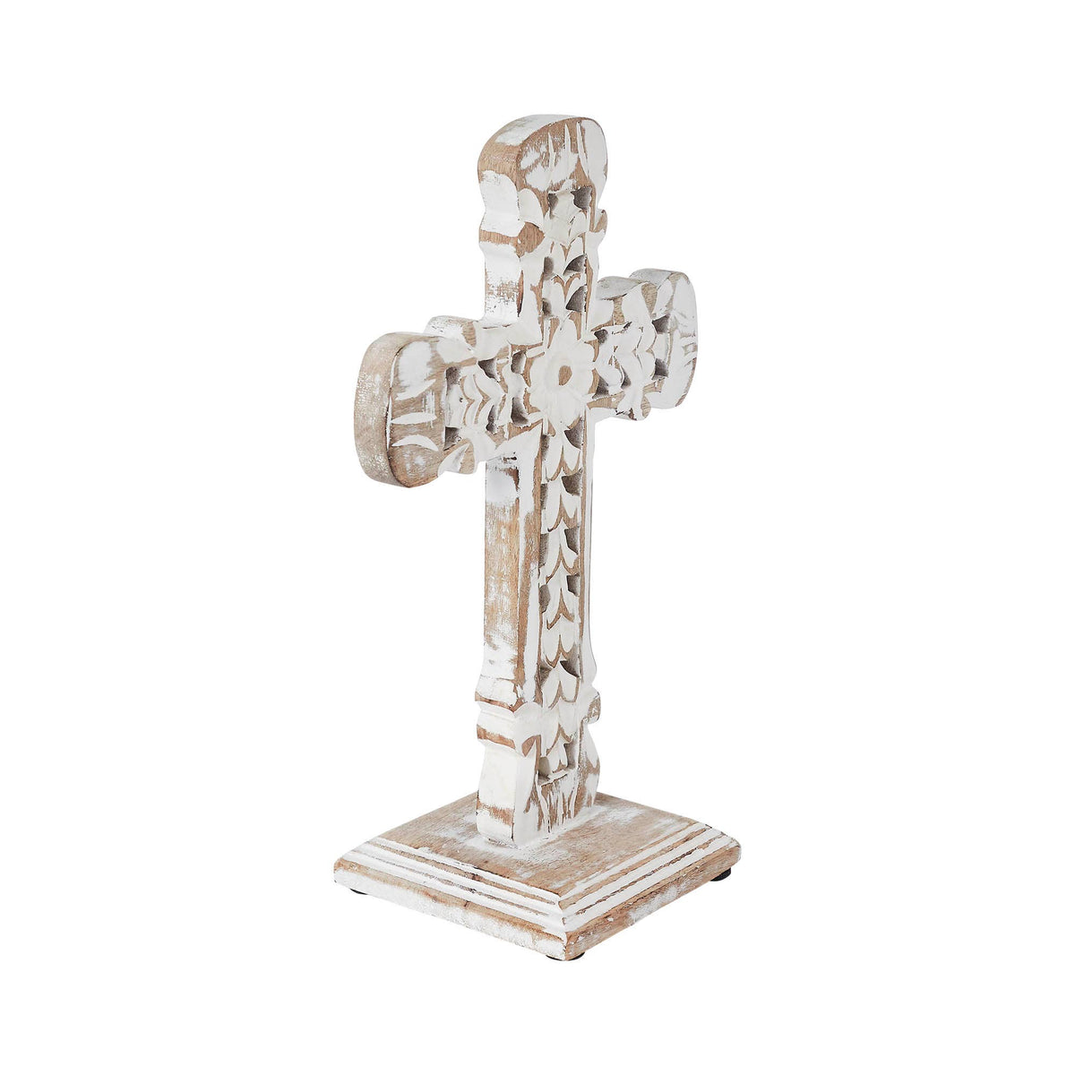 Natural Distressed White Wooden Cross w/ Rosette 13x8