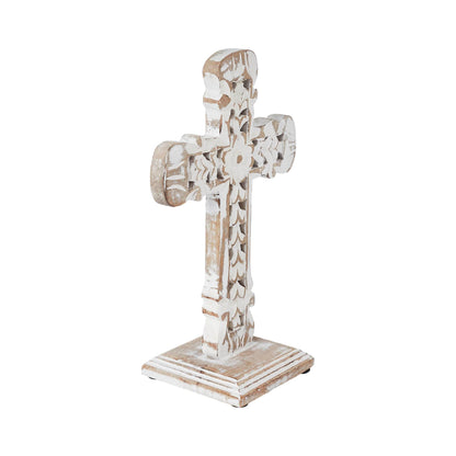 Natural Distressed White Wooden Cross w/ Rosette 13x8