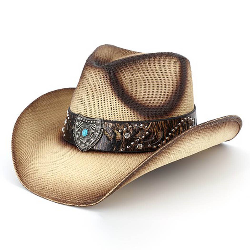 Vintage Straw CowboyHat With Turquoise Shield &Sunburst Band