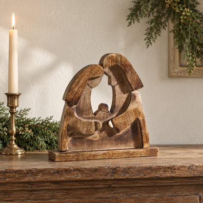 Wooden Nativity Scene with Mary, Joseph & Baby Jesus 12"