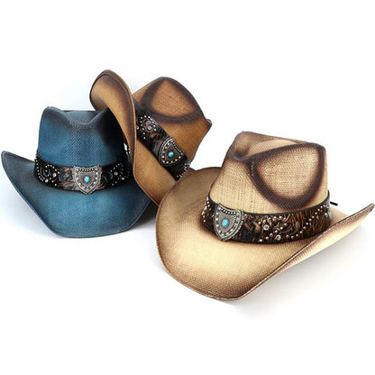 Vintage Straw CowboyHat With Turquoise Shield &Sunburst Band