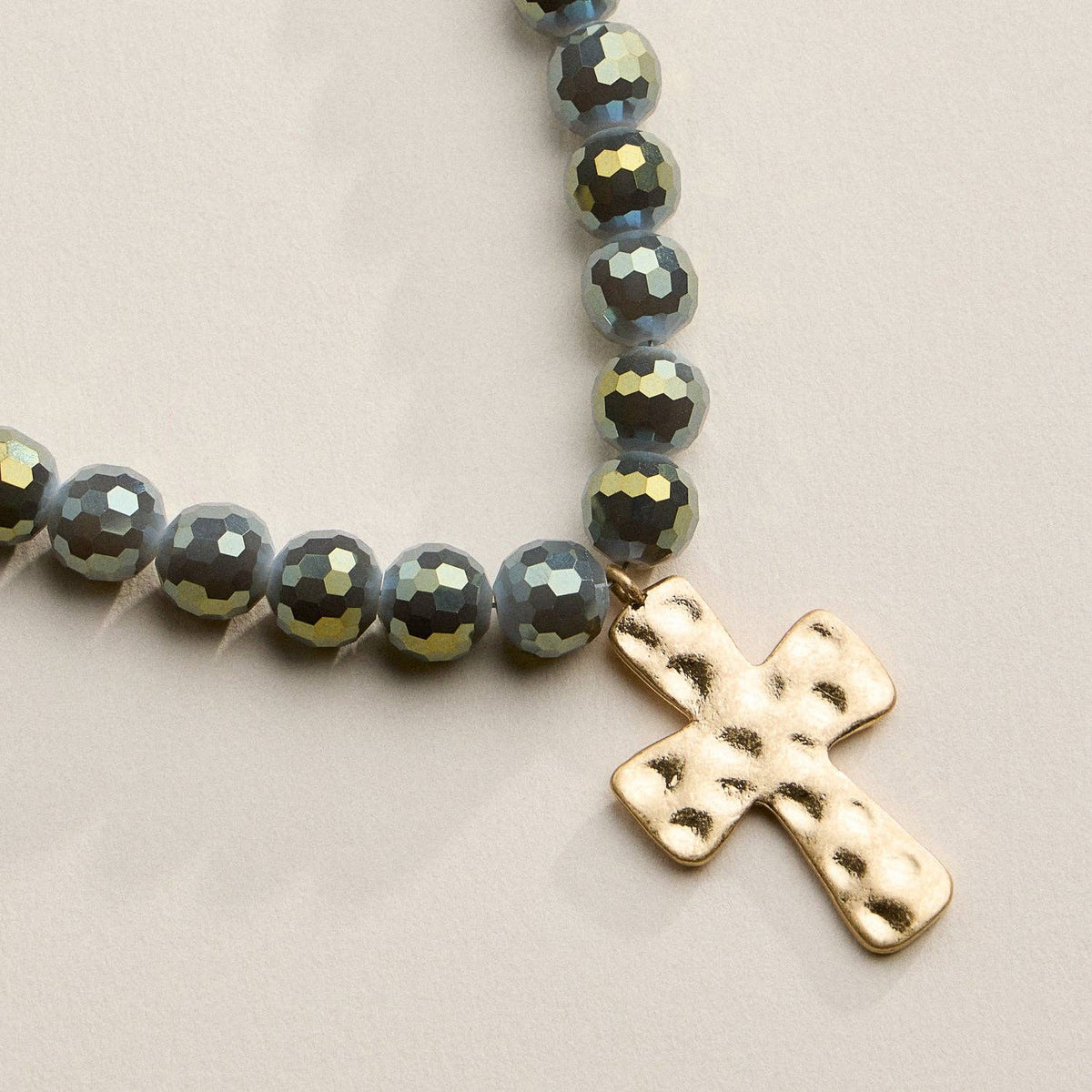 Glass Bead Hammered Cross Charm Necklace | Christian Jewelry