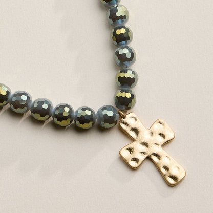 Glass Bead Hammered Cross Charm Necklace | Christian Jewelry