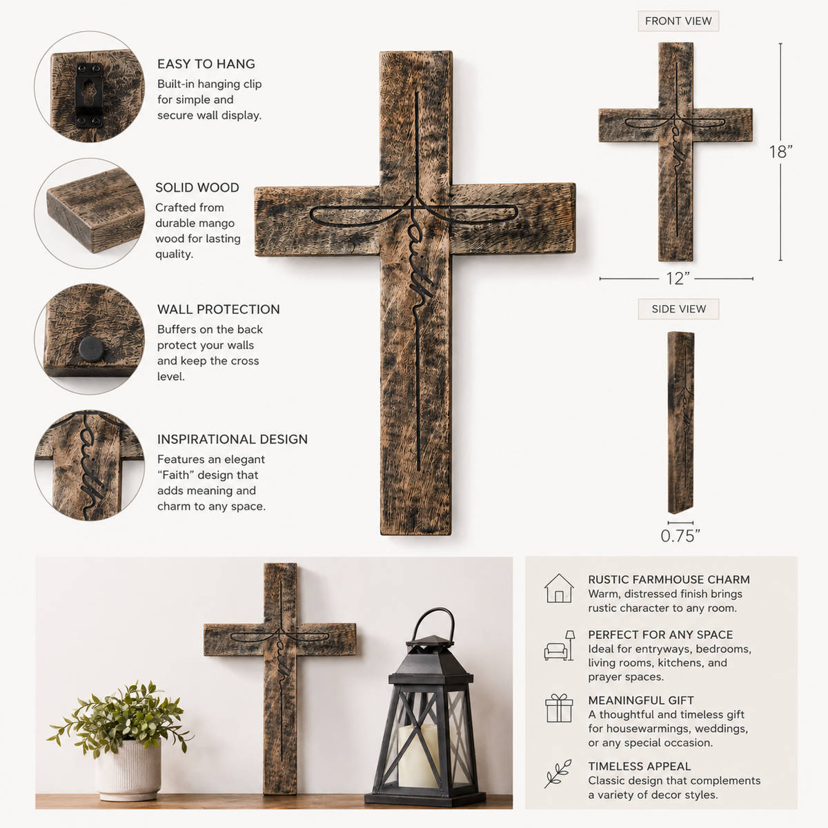 Rustic Solid Wood Faith Cross Wall Decor Distressed 18"