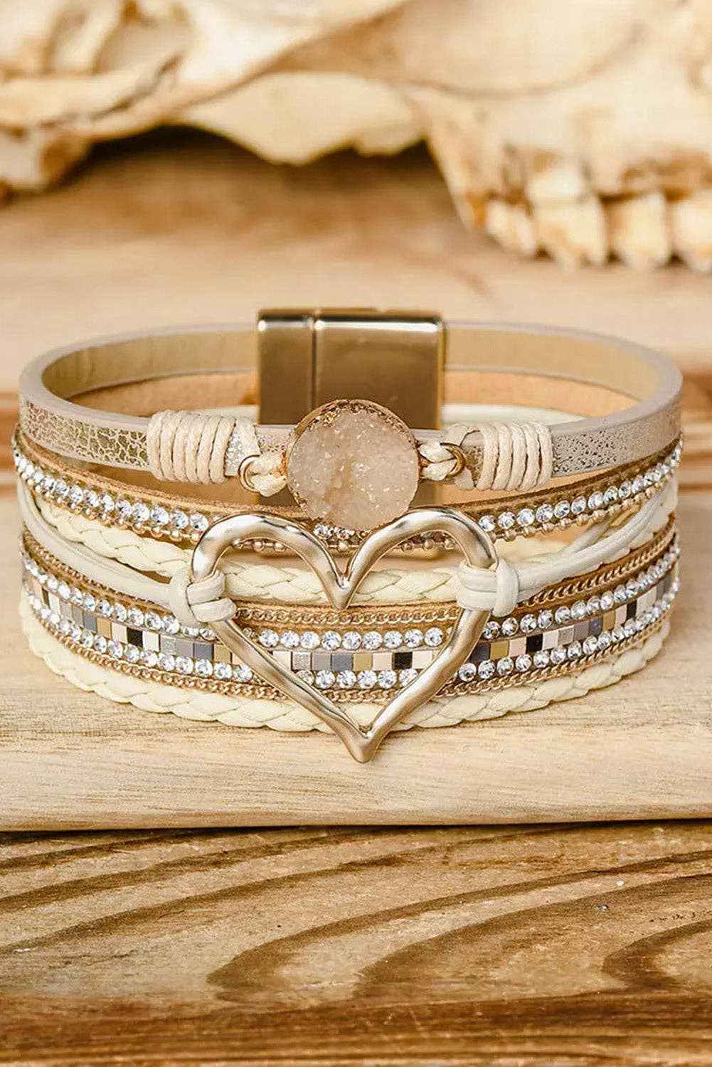 Boho Layered Heart Charm Rhinestone Magnetic Bracelet