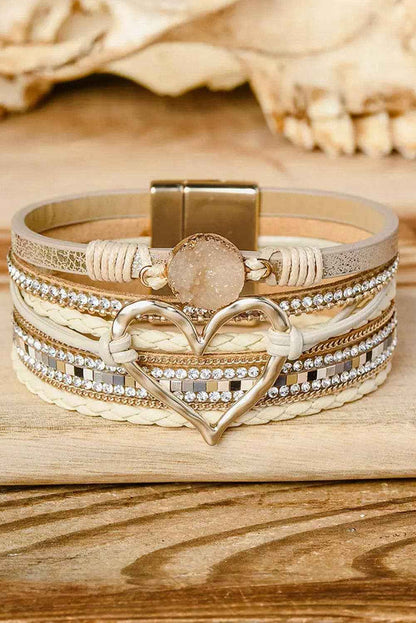Boho Layered Heart Charm Rhinestone Magnetic Bracelet