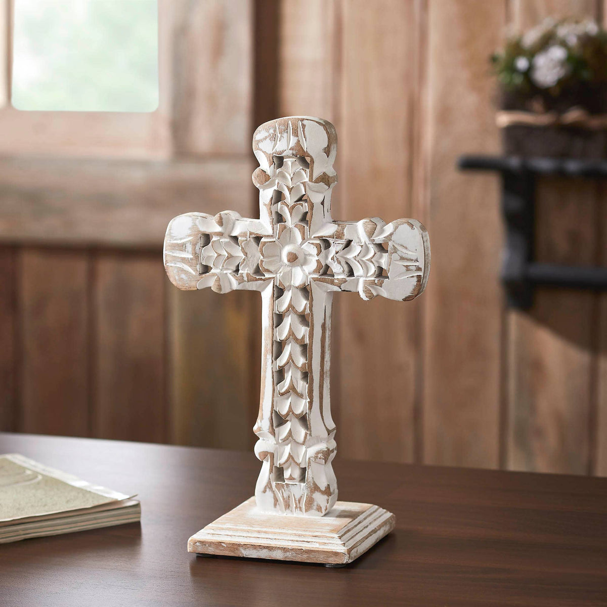 Natural Distressed White Wooden Cross w/ Rosette 13x8