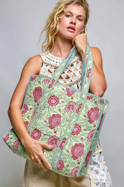 Bohemian Bias Tape Detail Roomy Fit Mint Tote Bag