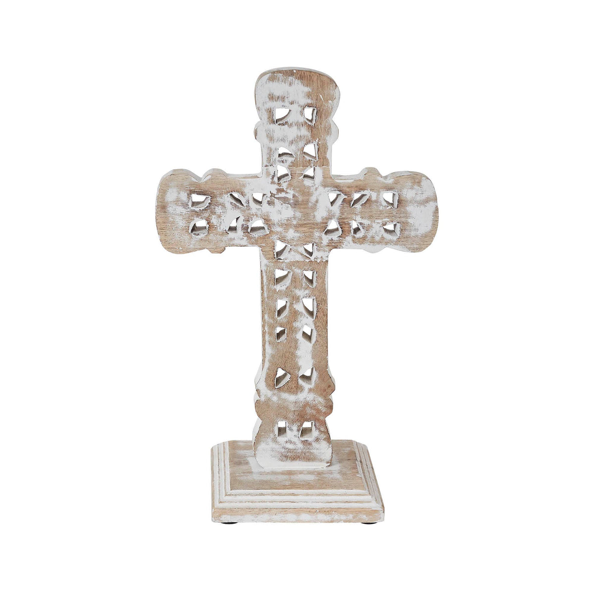 Natural Distressed White Wooden Cross w/ Rosette 13x8