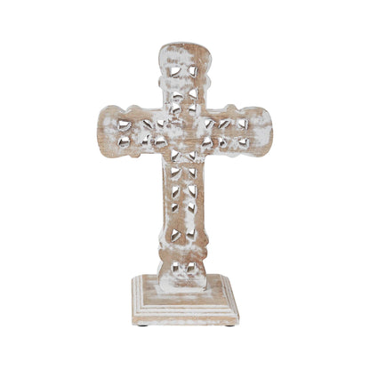 Natural Distressed White Wooden Cross w/ Rosette 13x8