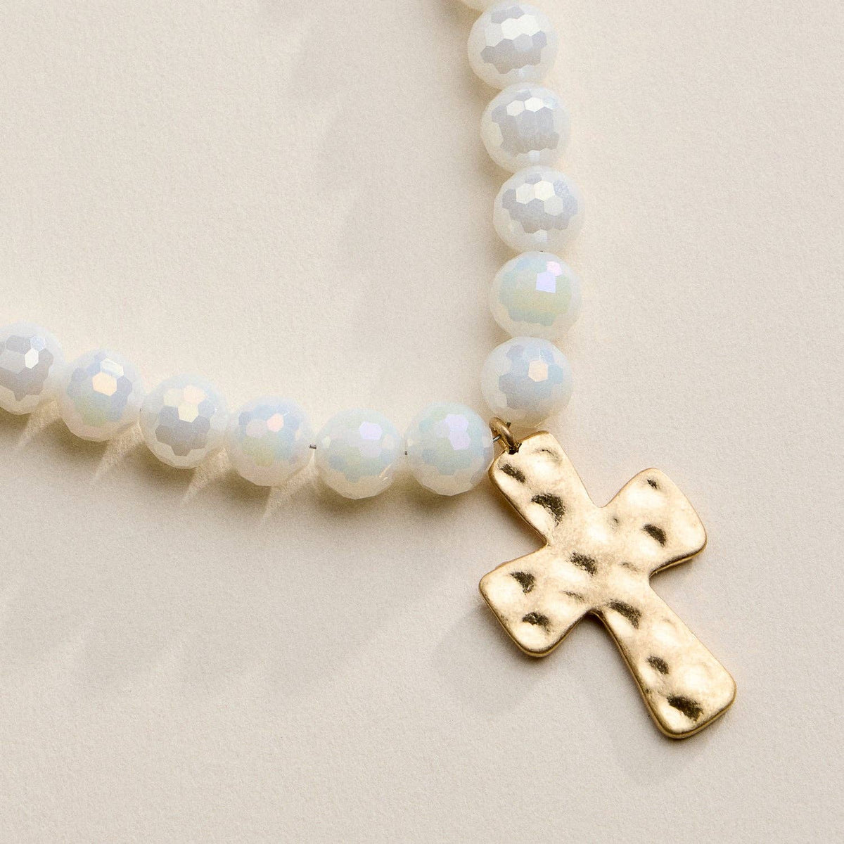 Glass Bead Hammered Cross Charm Necklace | Christian Jewelry