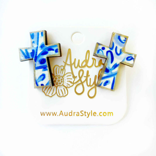 Blue and White Cross Stud - Colorful Earring