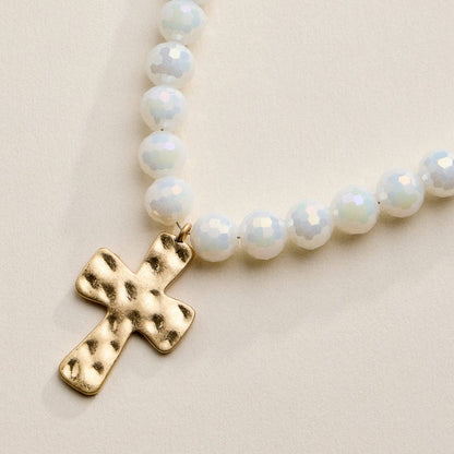 Glass Bead Hammered Cross Charm Necklace | Christian Jewelry