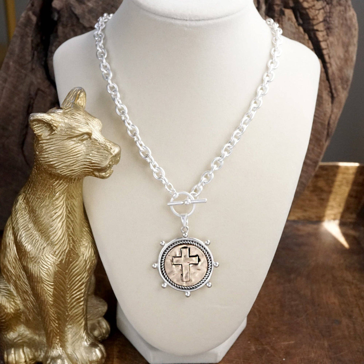 Cross Coin Chain Necklace with Front Toggle Closure – Silver or Gold Tone