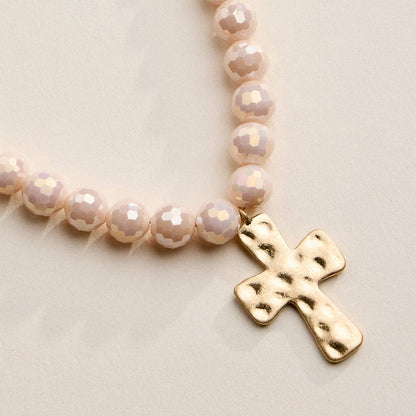 Glass Bead Hammered Cross Charm Necklace | Christian Jewelry