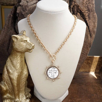 Cross Coin Chain Necklace with Front Toggle Closure – Silver or Gold Tone