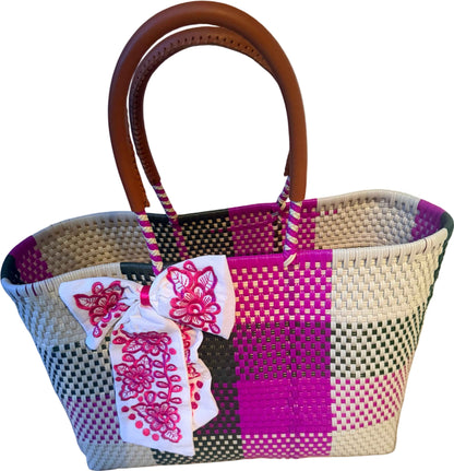 Recycled Plastic Woven Large Open Tote W/Leather Handle By Viva La Vida