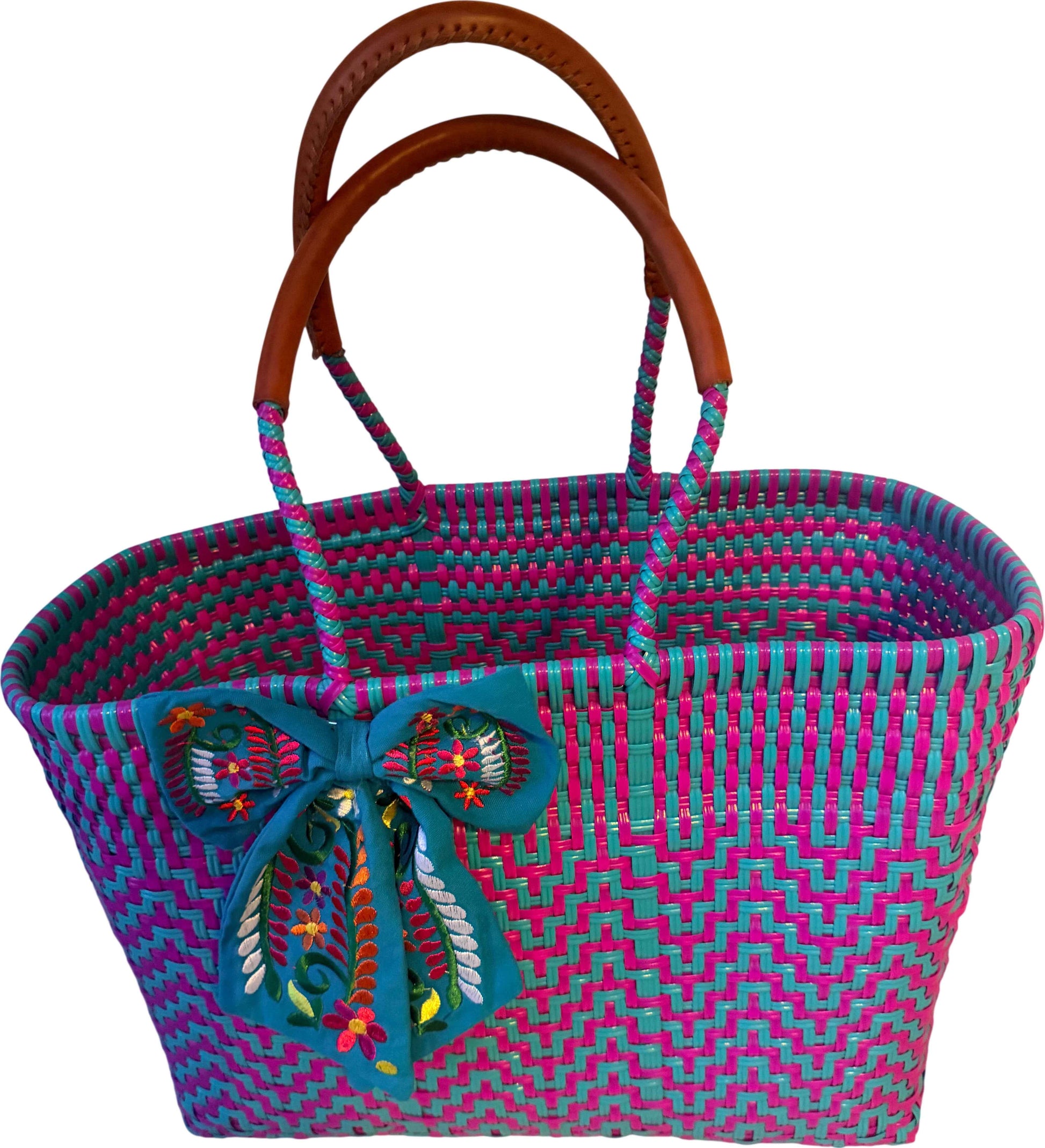 Recycled Plastic Woven Large Open Tote W/Leather Handle By Viva La Vida