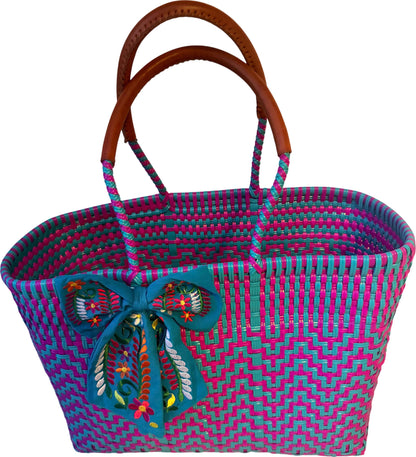 Recycled Plastic Woven Large Open Tote W/Leather Handle By Viva La Vida