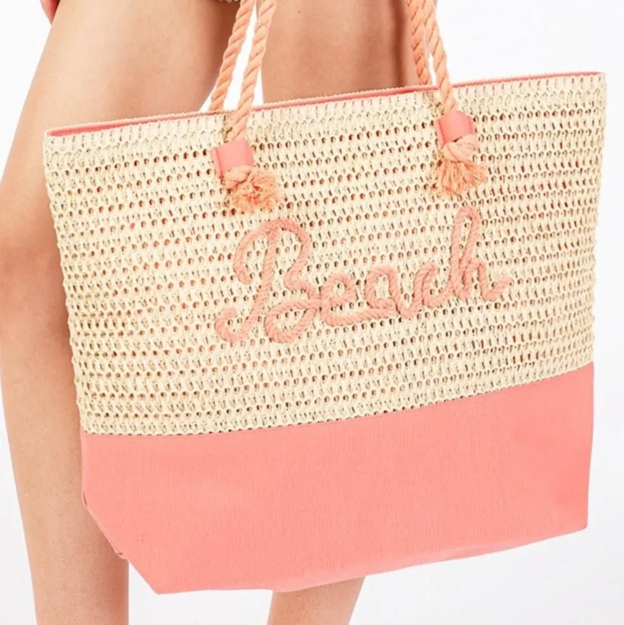 Canvas & Woven Straw Beach Tote Bag With Rope Straps