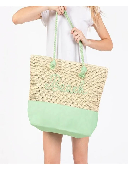 Canvas & Woven Straw Beach Tote Bag With Rope Straps